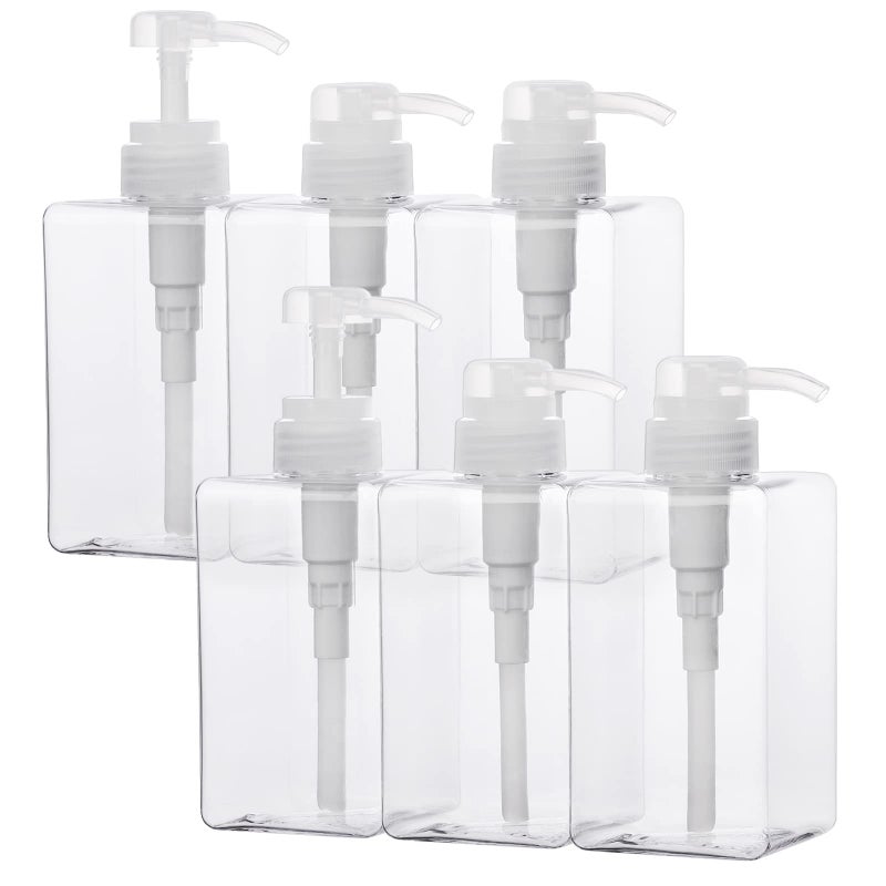 SUREAM Clear Empty Pump Bottles 6 Pack, 15oz/450ml Plastic Refillable Square Containers for Essential Oil Soap Lotion Shampoo Conditioner, Large Hand Pump Dispensers for Bathroom and Kitchen Sink Use - Image 1